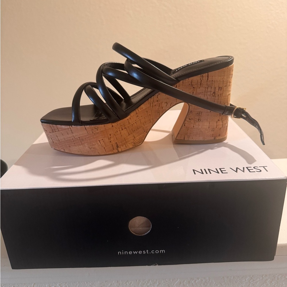 Nine West Black Strappy Cork Platform Sandals
